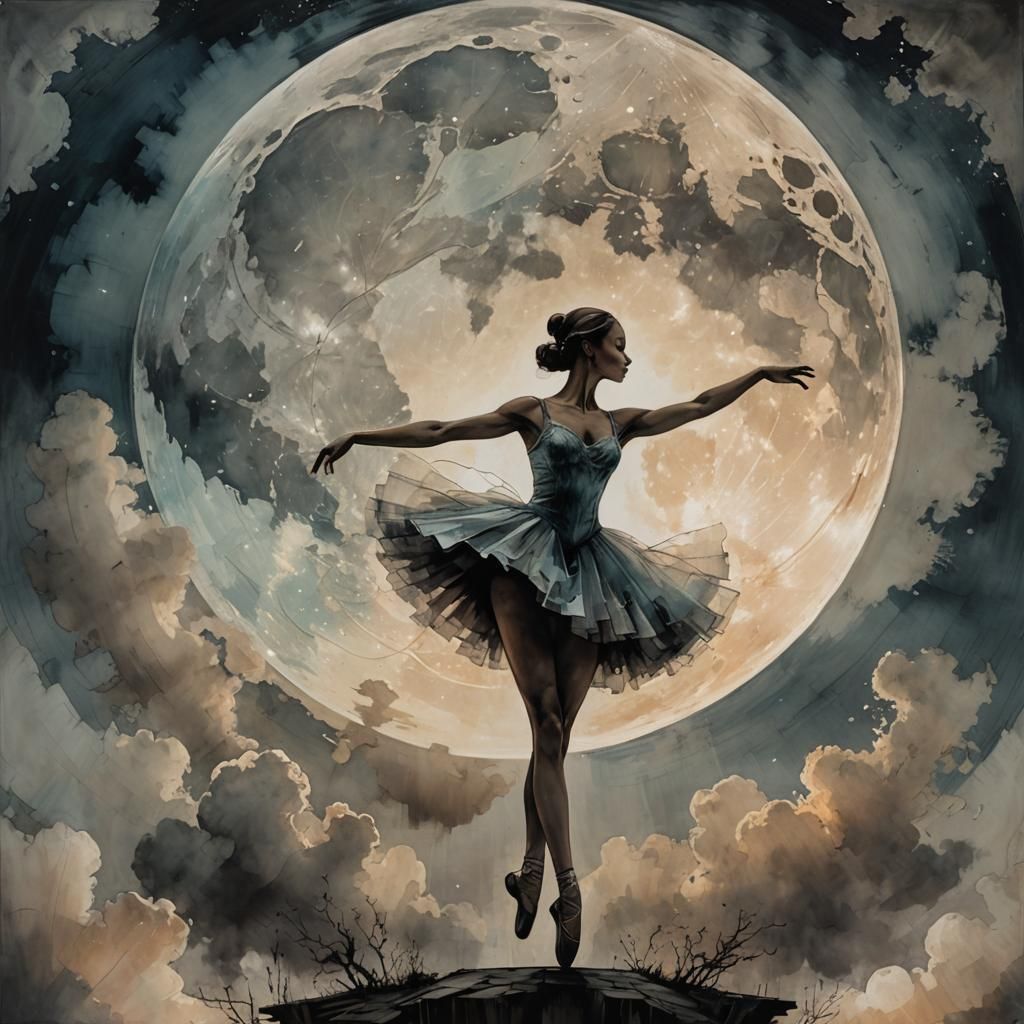 Ballerina Silhouette Dancing Before Super Moon