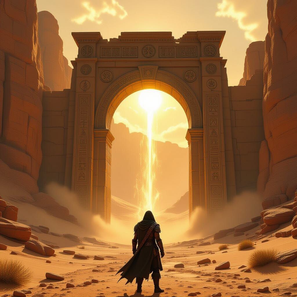 Adventurer Before Ancient Portal to Alien World