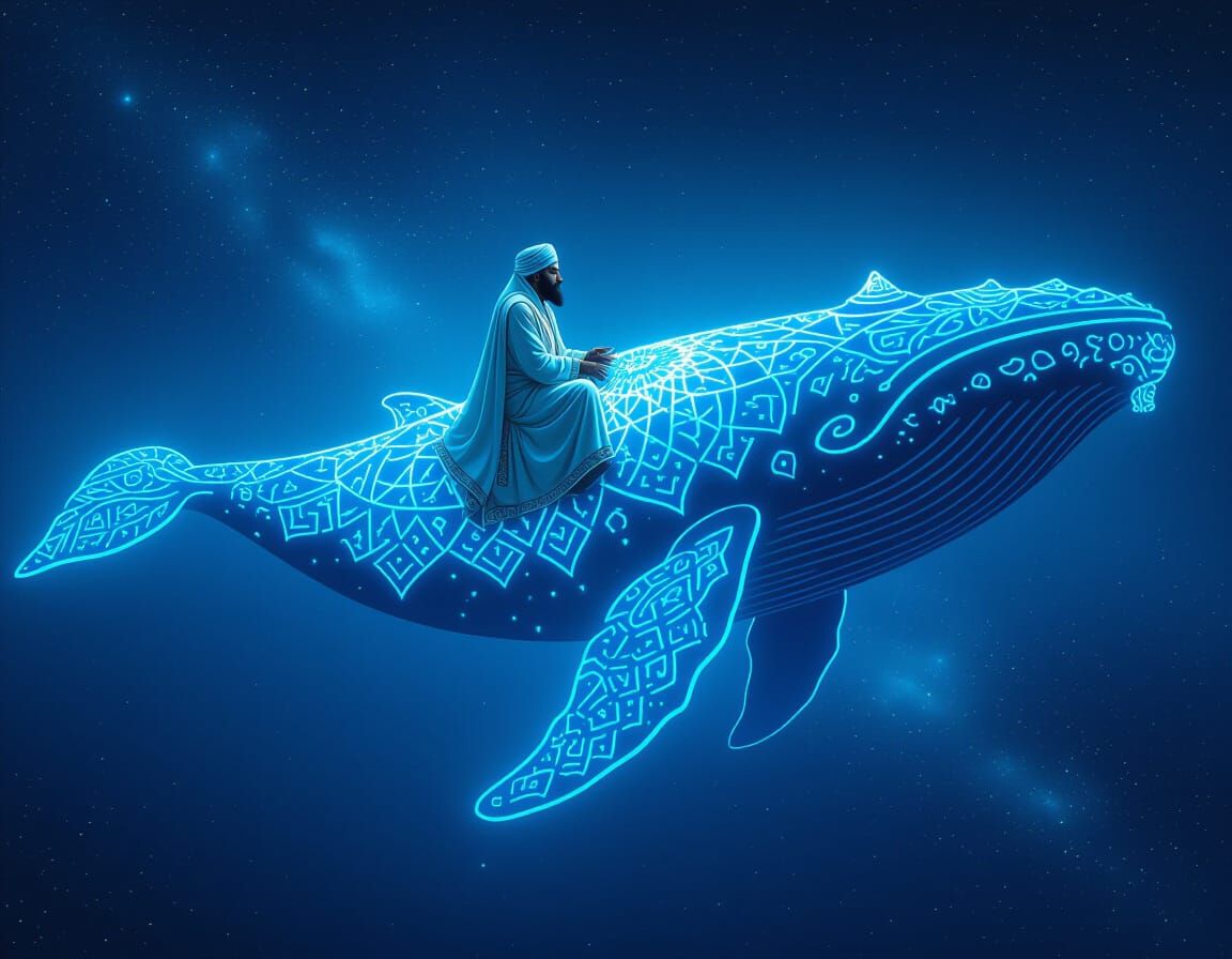 Sufi Mystic on Bioluminescent Space Whale in Baroque Style