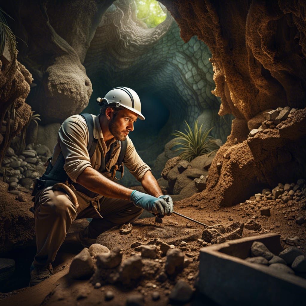Archaeologist Excavation in Jungle Cave, Hyperrealistic Art