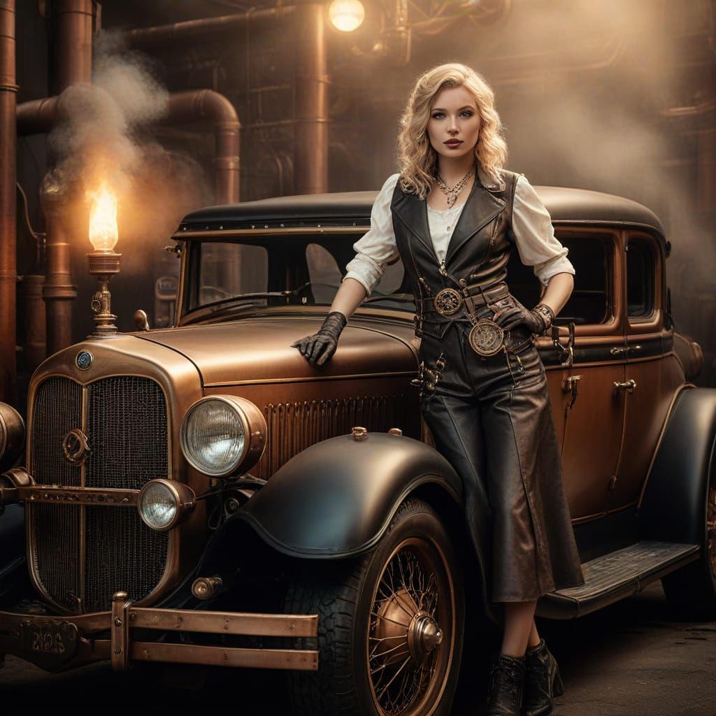 Steampunk Woman Poses with Vintage Car