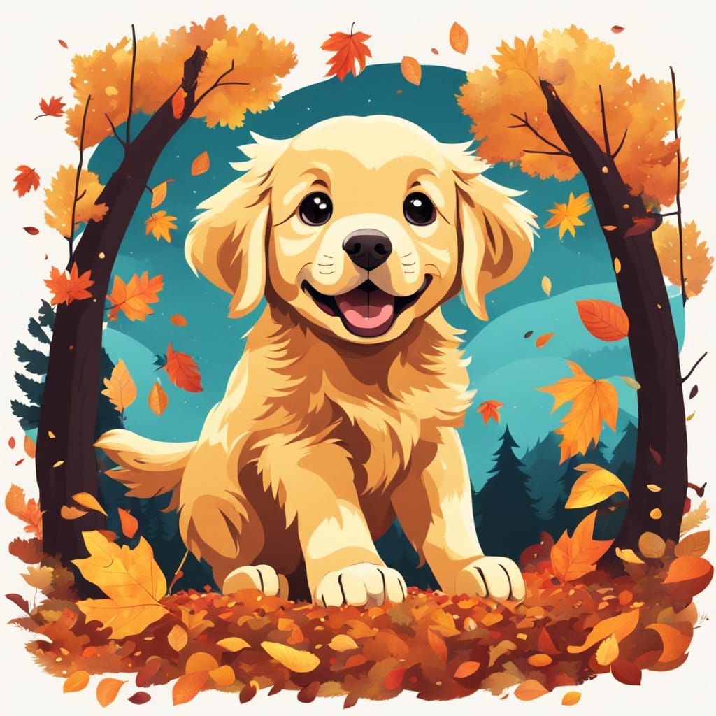 Golden Retriever Puppy Plays in Autumn Woodland