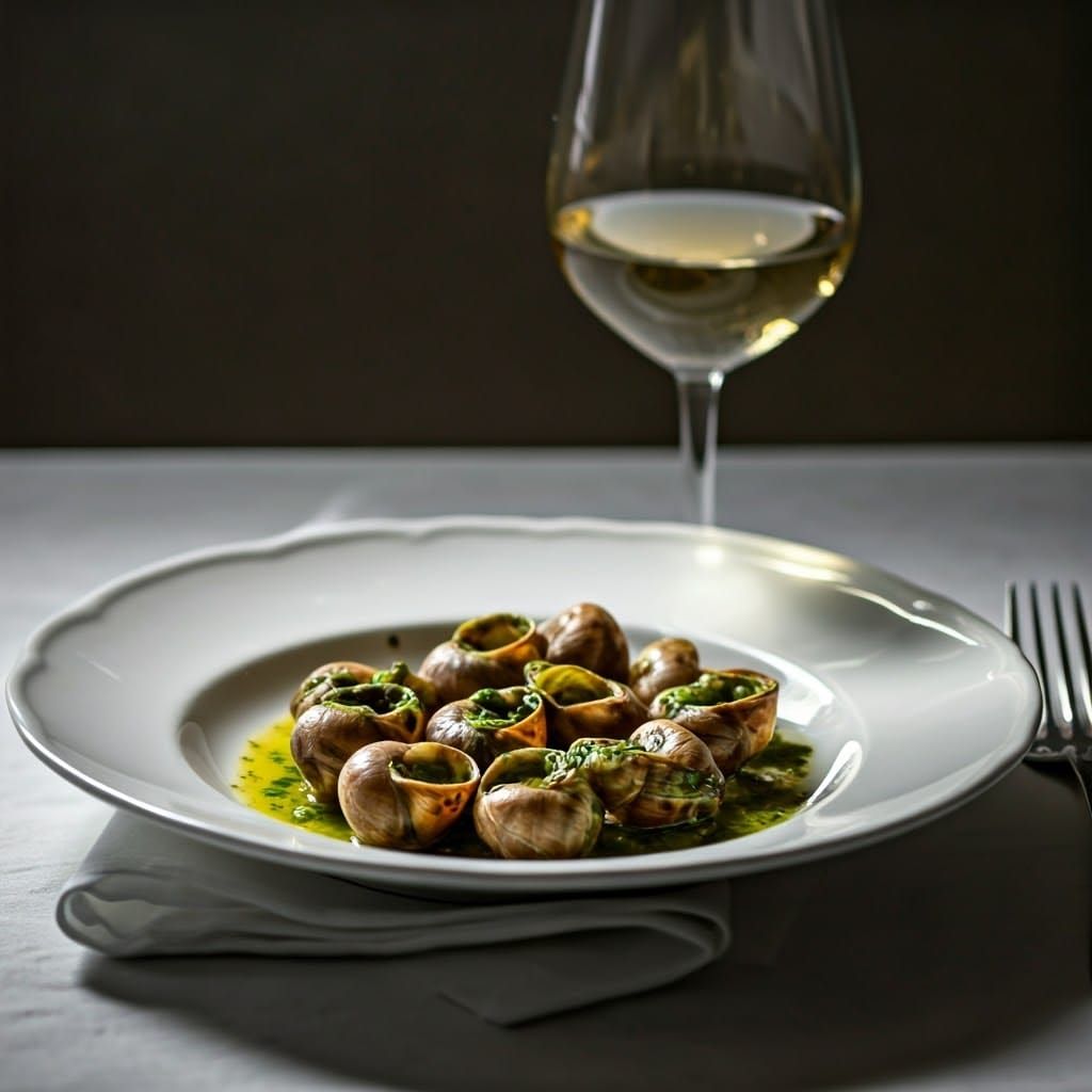 French Countryside Still Life with Burgundy Snails and Wine