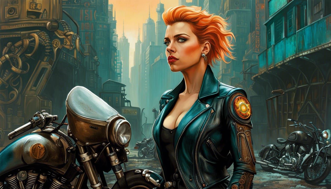 Dieselpunk Motorbike with Art Deco Cityscape