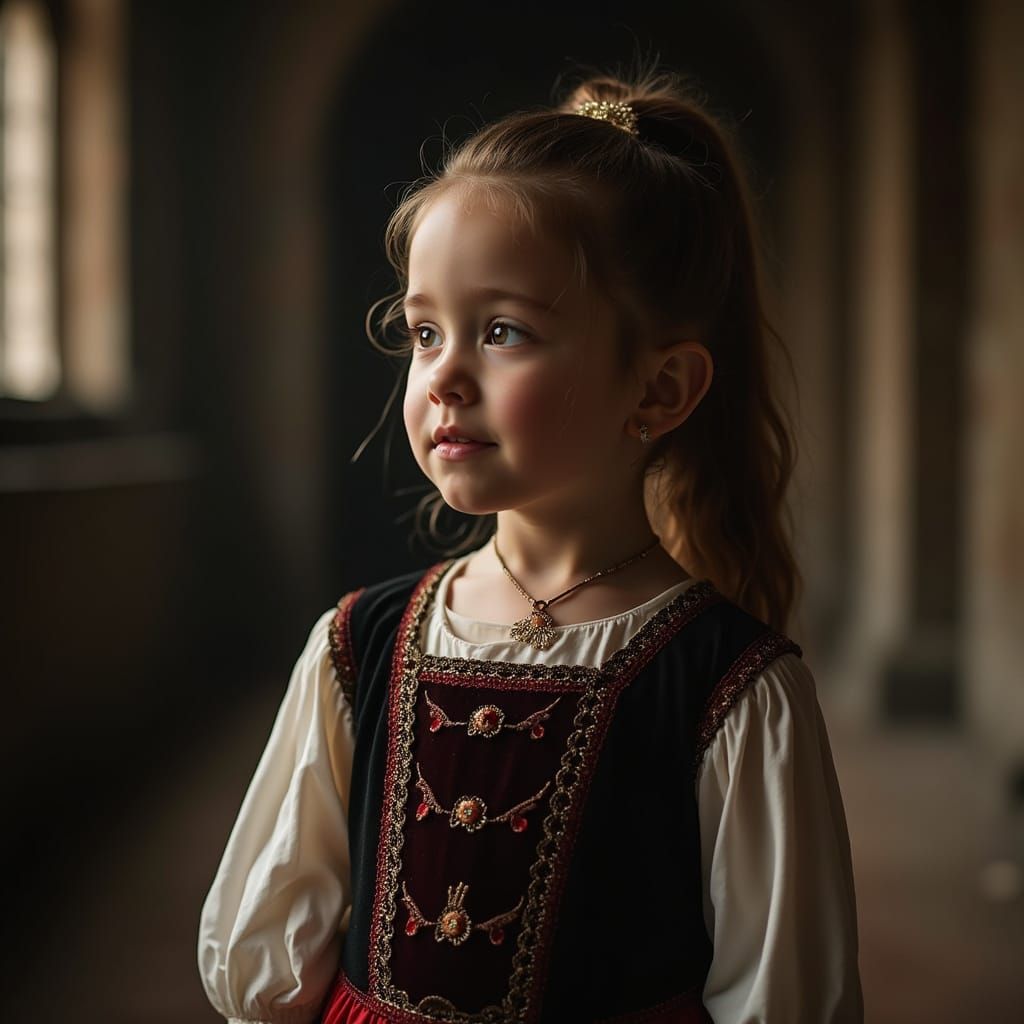 Girl in Medieval Dress with Dramatic Lighting