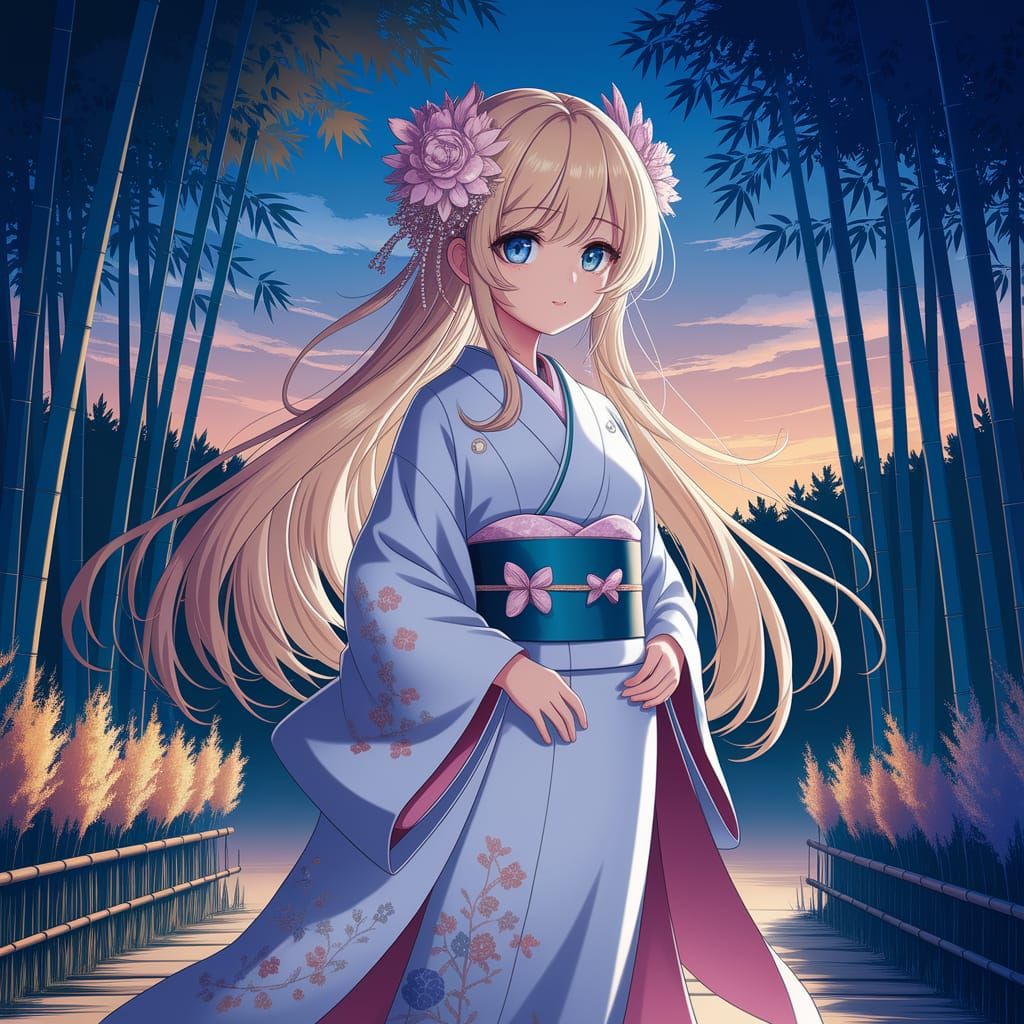 Anime Angel in Bamboo Forest at Twilight