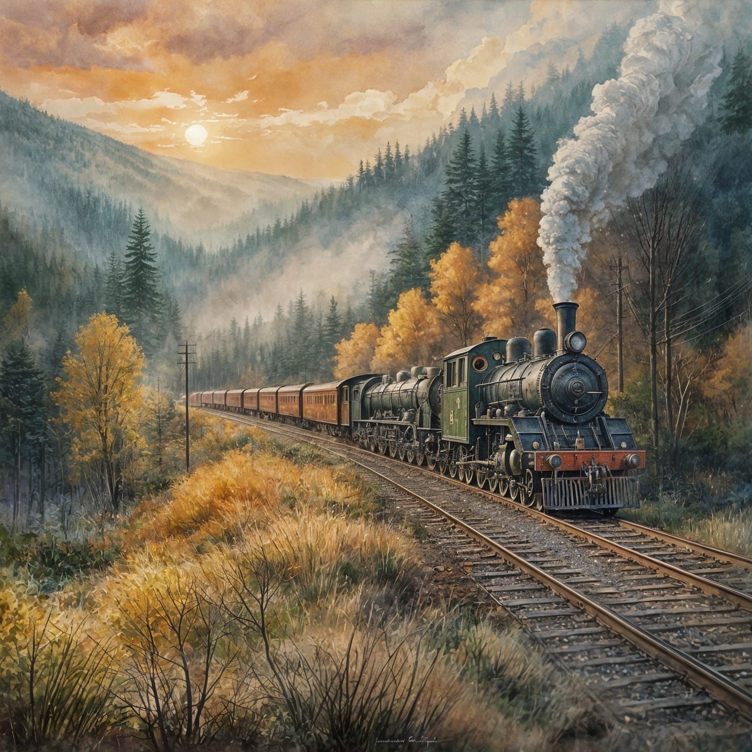 Vintage Steam Engine Chugs Through Foggy Landscape in Gouach...