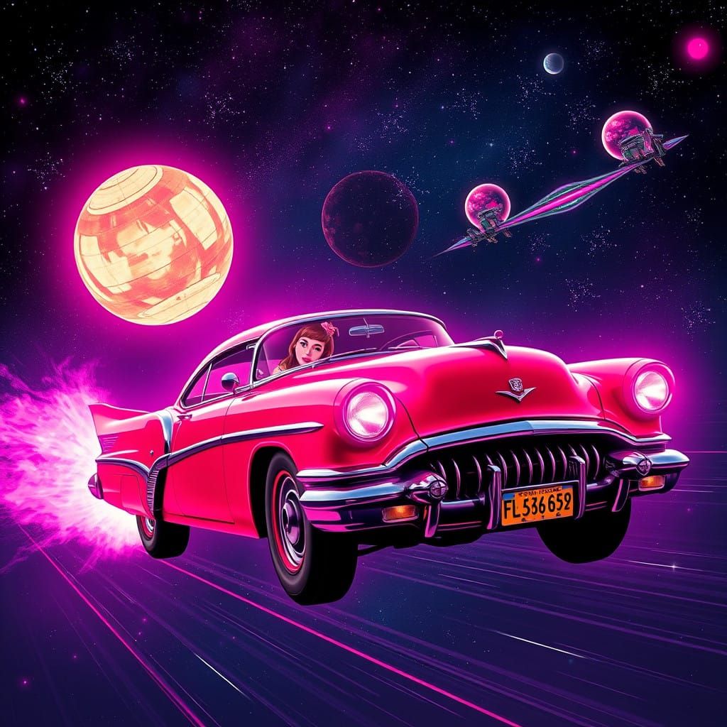 Neon Retro Futuristic Pinup Girl Cruises Galaxy in Vintage H...