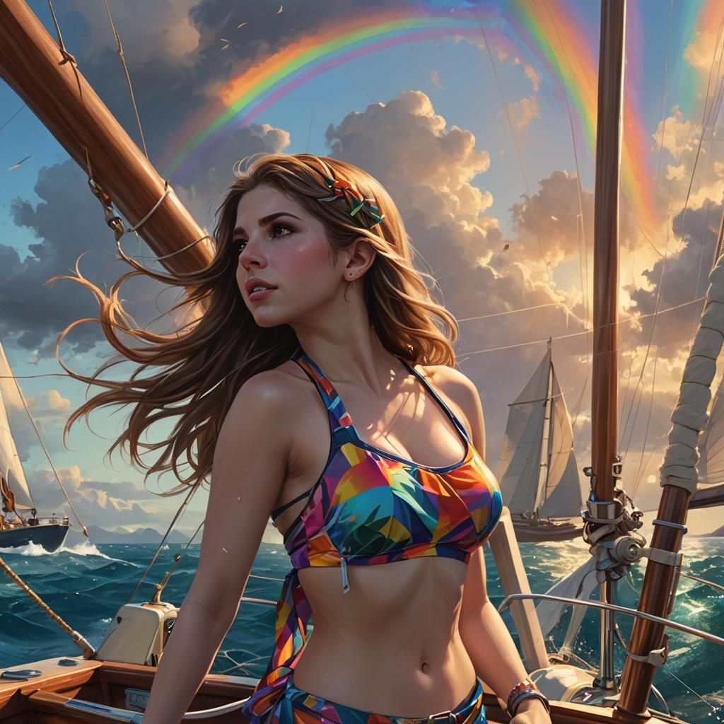Woman Sailing in Hawaii with Dolphins and Rainbows