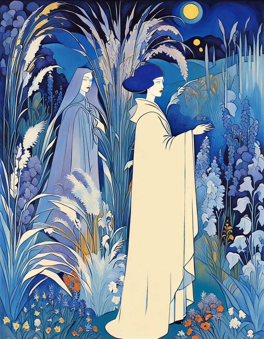 Eldritch Apparition Haunts Blue Gardens in Moonlight