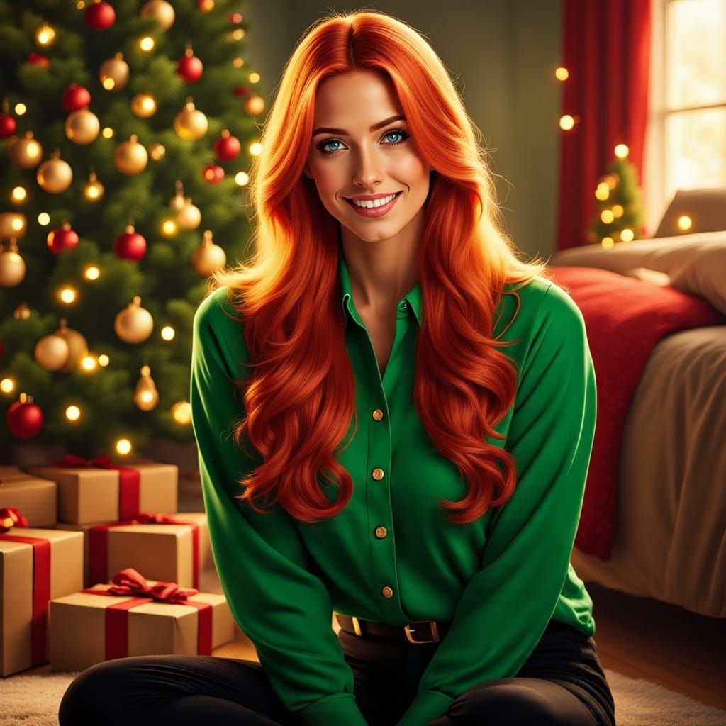 Joyful Woman in Green Shirt by Christmas Tree
