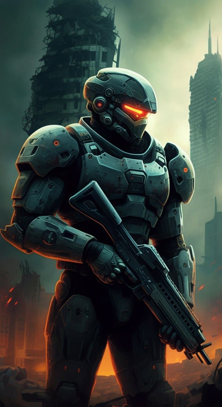 Futuristic Soldier in War-Torn Cityscape