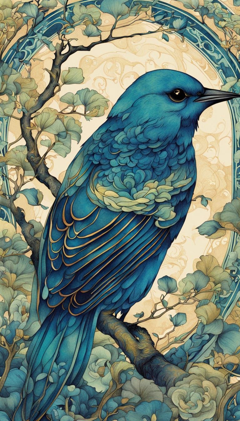Bird on Branch in Oriental Style with Delicate Lines