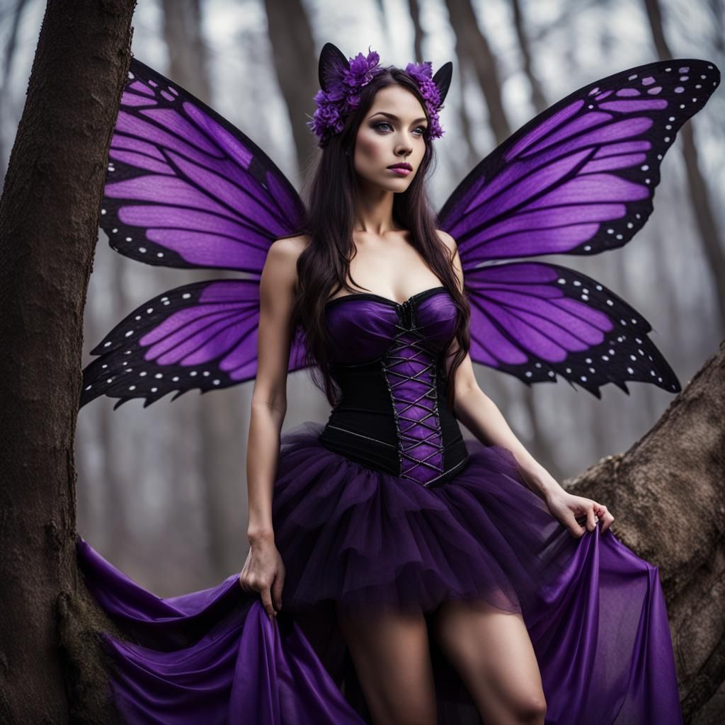 Purple and Black Tiger Fairy in Dark Woods