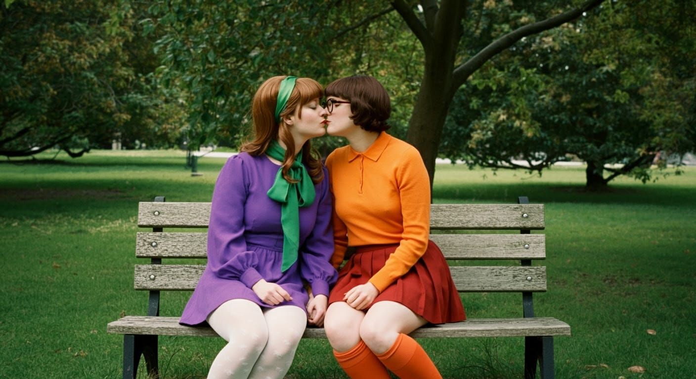 Two Women Share a Tender Kiss in a Vintage Park Scene