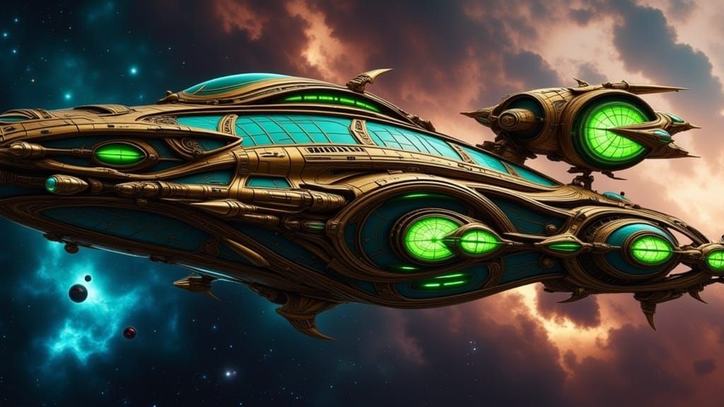 Ethereal Steampunk Starship in Cosmic Dance