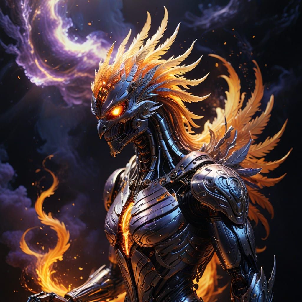 Silver Robotic Phoenix Rises from Celestial Inferno