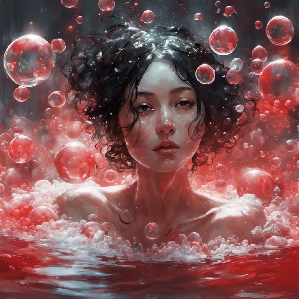 Woman in Bioluminescent Bubble Bath, Digital Art