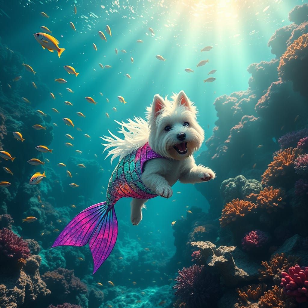 Whimsical Westie Mermaid in Iridescent Coral Reef