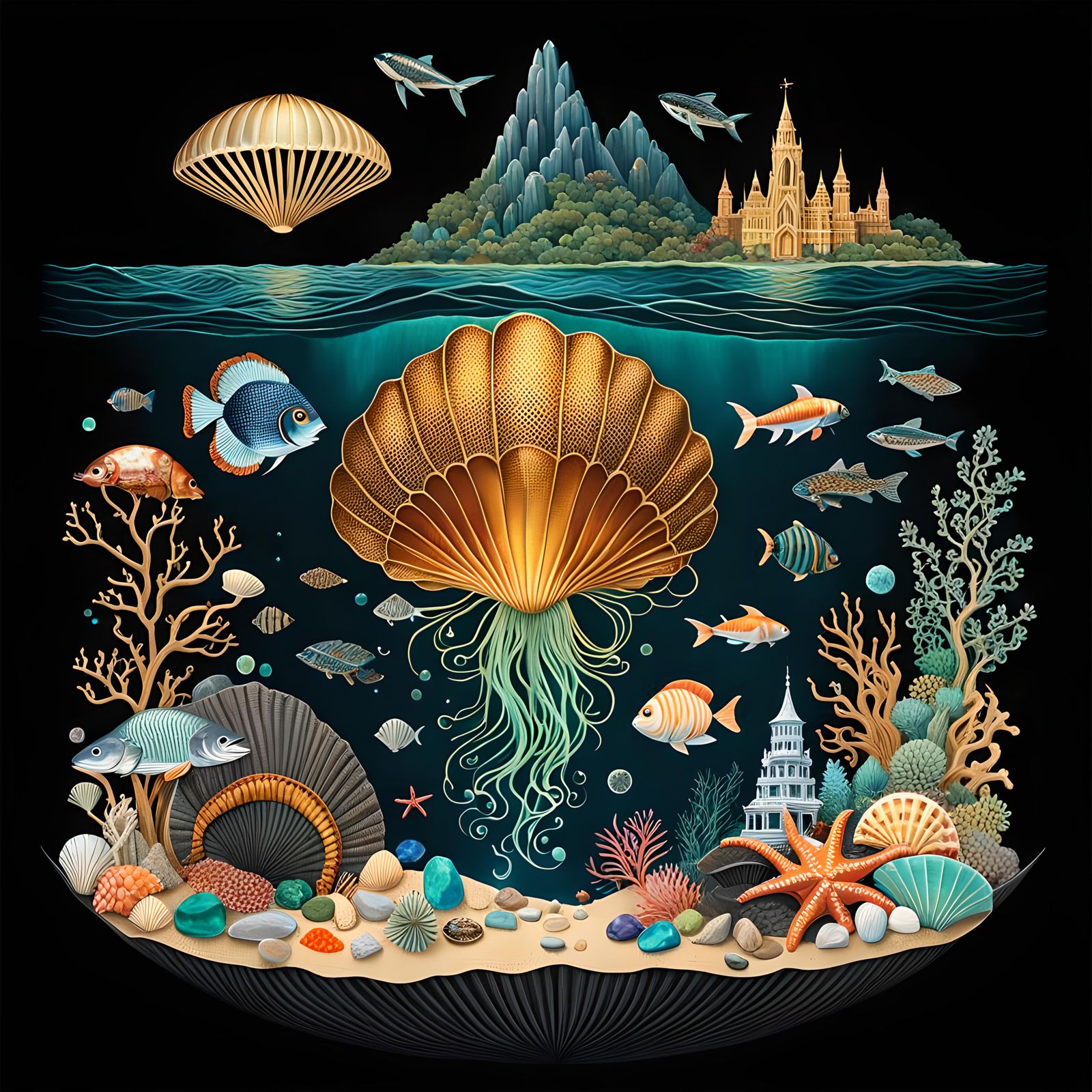 Bejeweled Ocean Cross-Section with Bioluminescent Life
