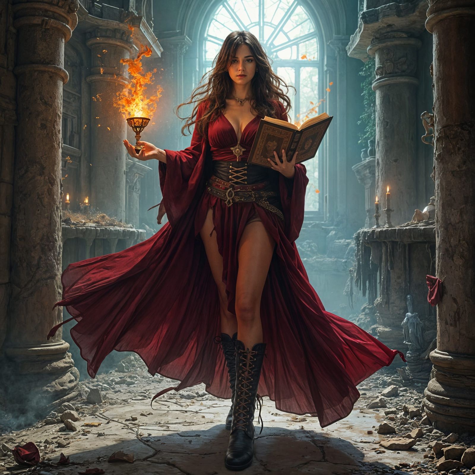 Female Wizard Casting Spell in Magical Lab, Fantasy Art