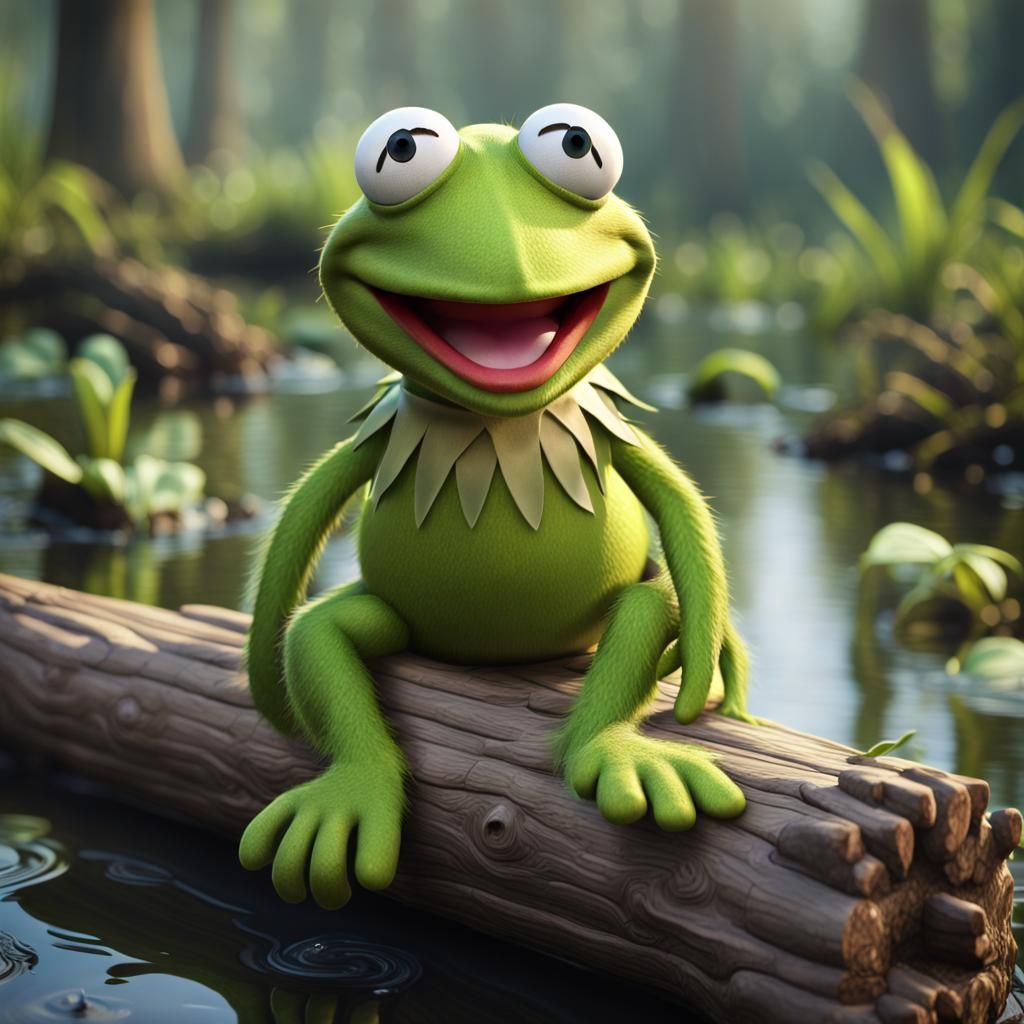 Hyperrealistic Muppet Baby Kermit in Swamp