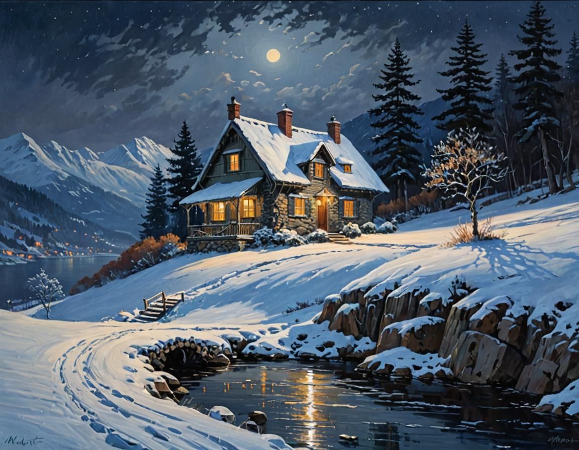 Cozy Cottage in Snowy Mountains: Impressionist Oil Painting