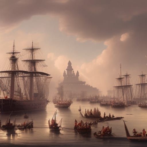 Bustling Oriental Harbor with East India Ships