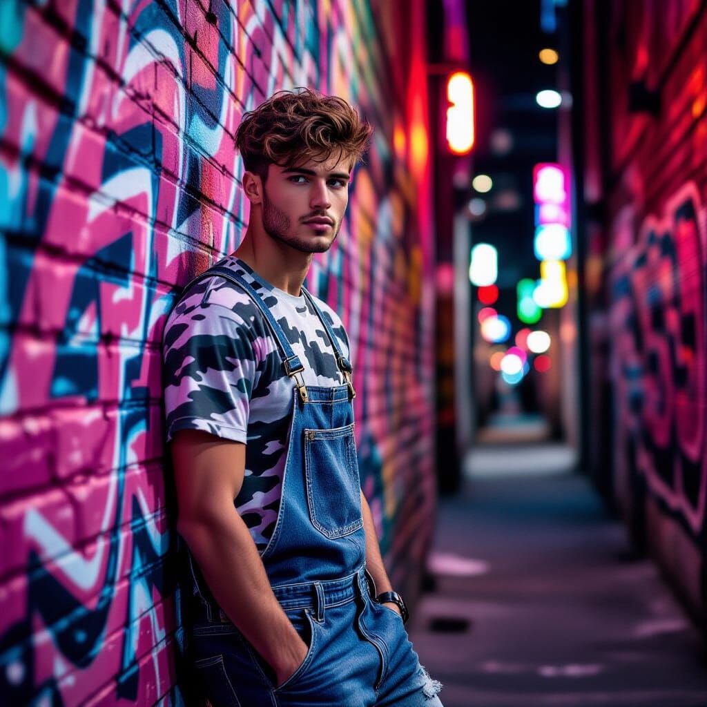 Urban Youth Fashion: Man in Denim Overalls in Neon Alley