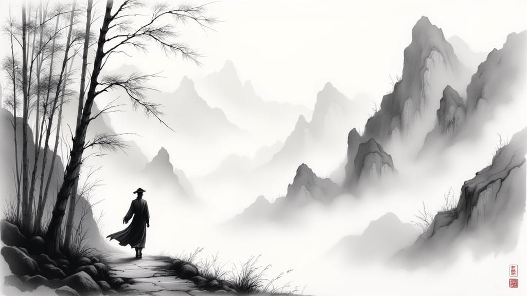 Lone Scholar on Misty Mountain Path in Chinese Ink Style
