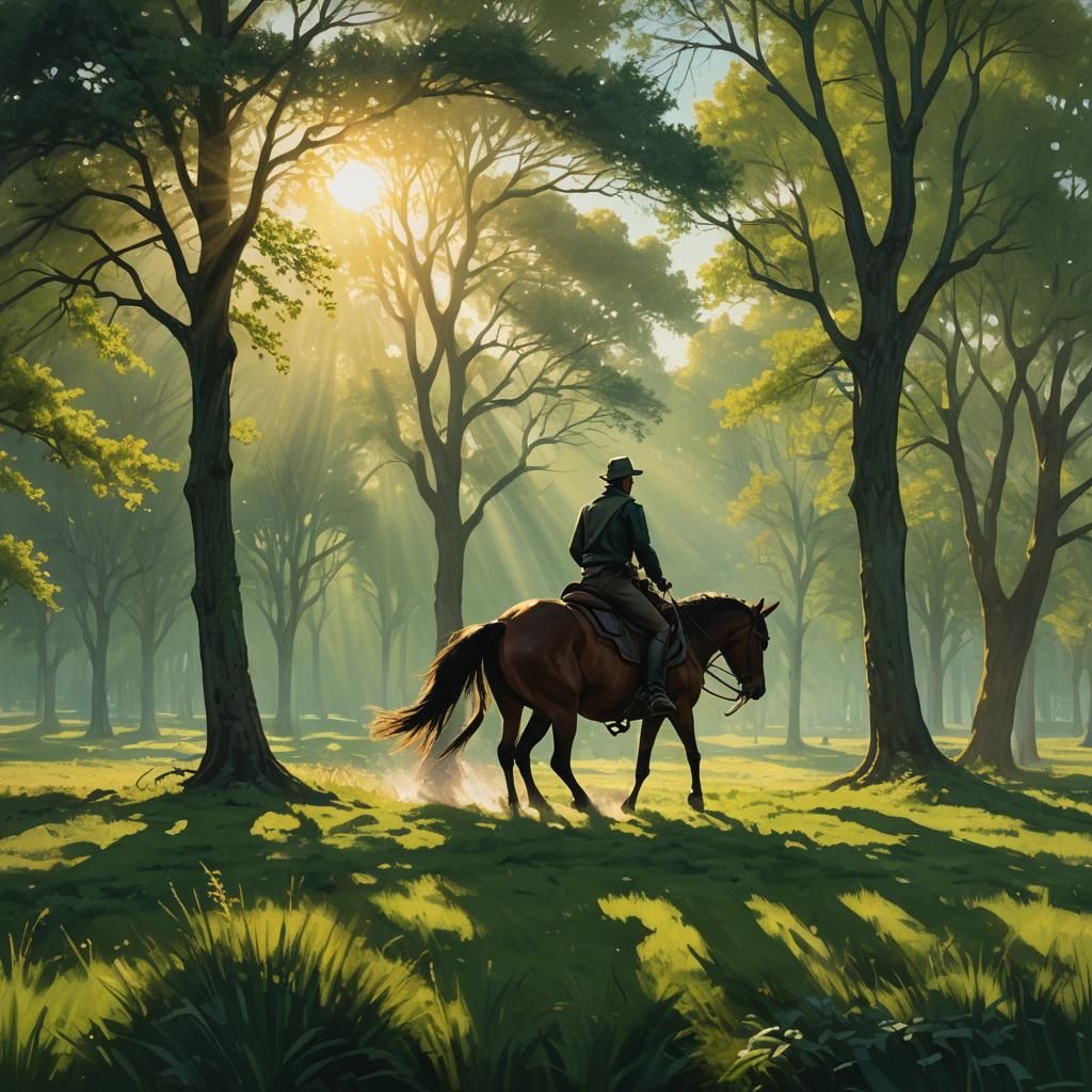 Horse Rider in Green Landscape at Sunrise: Impressionist Sty...