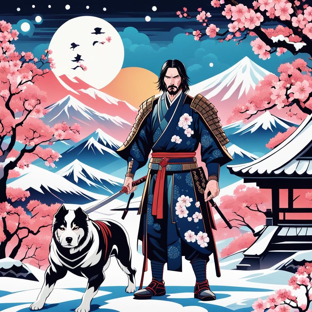 John Wick Shogun in Ukiyo-e Style with Puppy