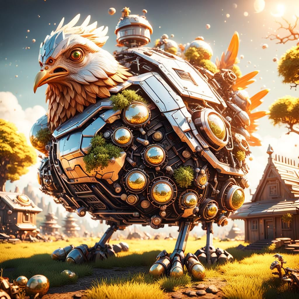 Futuristic Mother Hen and Chicks in Village Scene