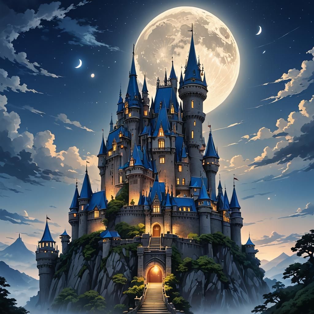 Mysterious Castle Under Blue Moon in Anime Style