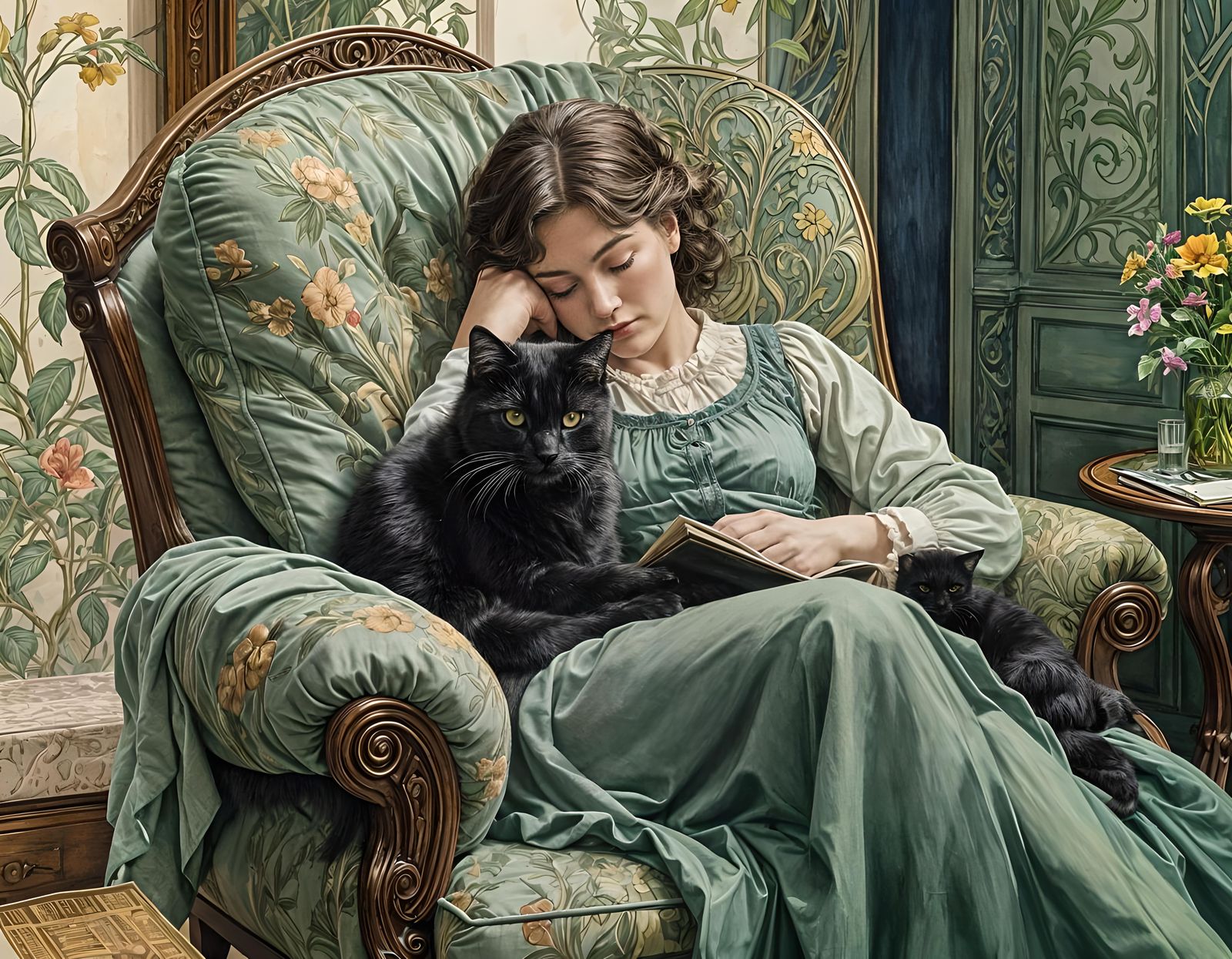 Peaceful Reading Scene with Cat in Art Nouveau