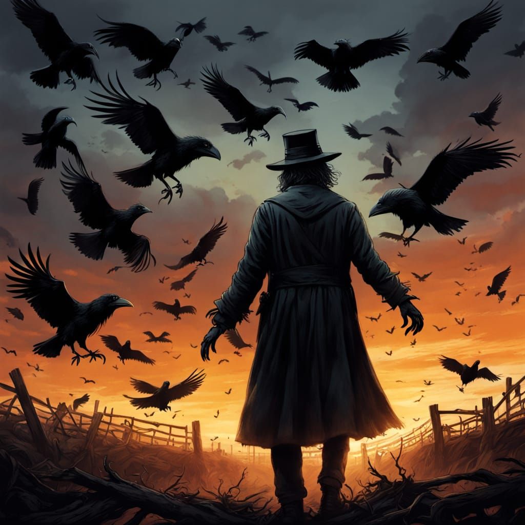 Scarecrow Attacked by Ravens in Dark Fantasy Style