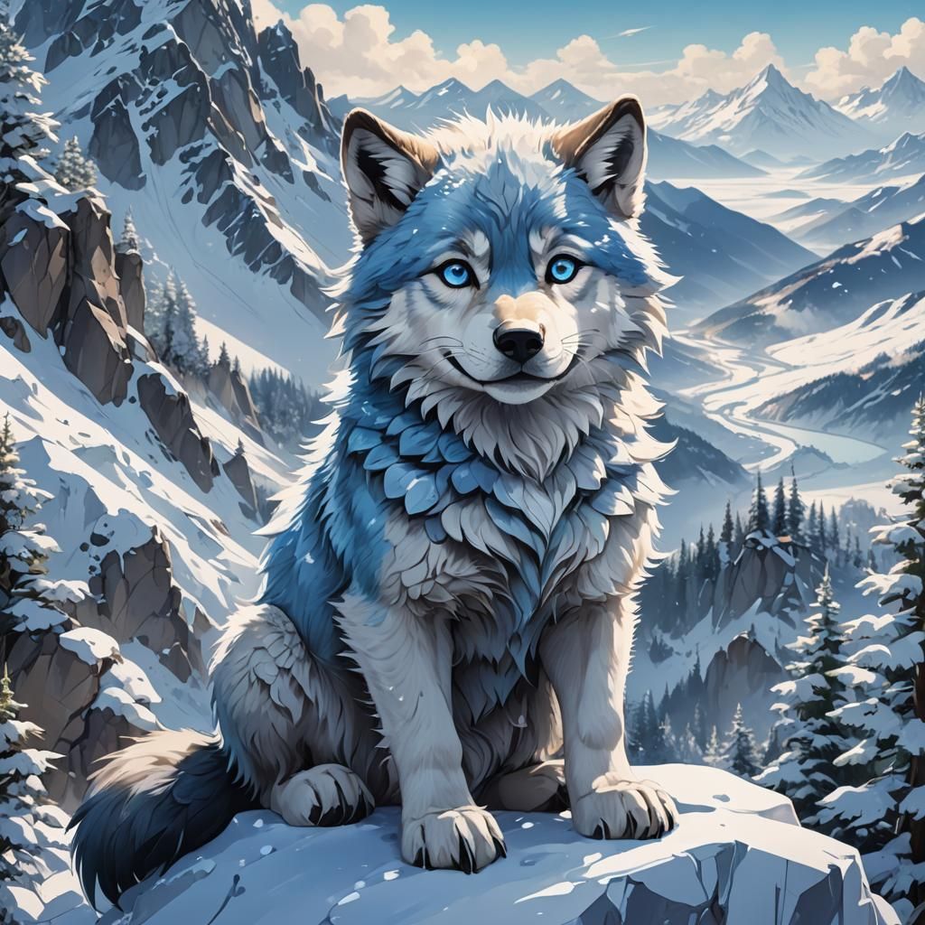 Anime Wolf with Icy Blue Eyes on Snowy Mountain