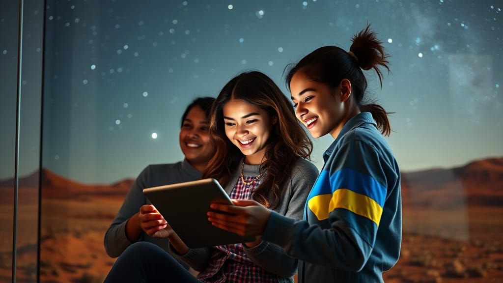 Women Laughing on Mars with Flags
