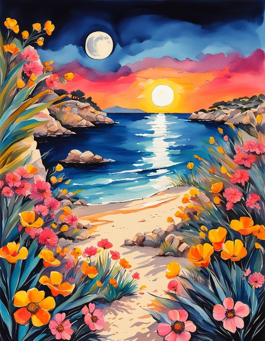 Mallorca Sunset Beach Gouache Pen and Ink