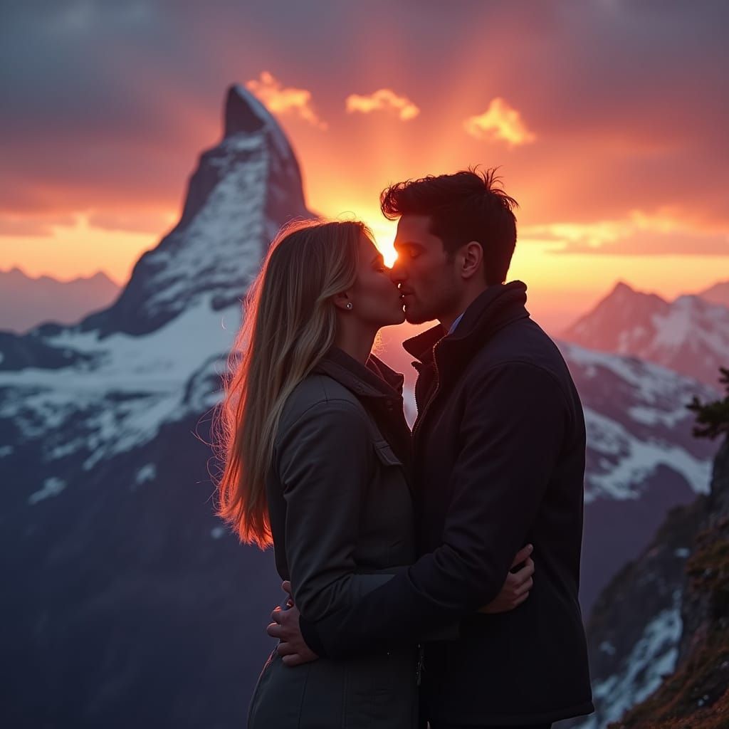 Romantic Kiss at Matterhorn Sunset - Painterly Style