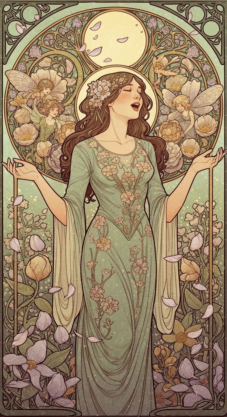 Floral Woman Sings to Garden in Art Nouveau Style