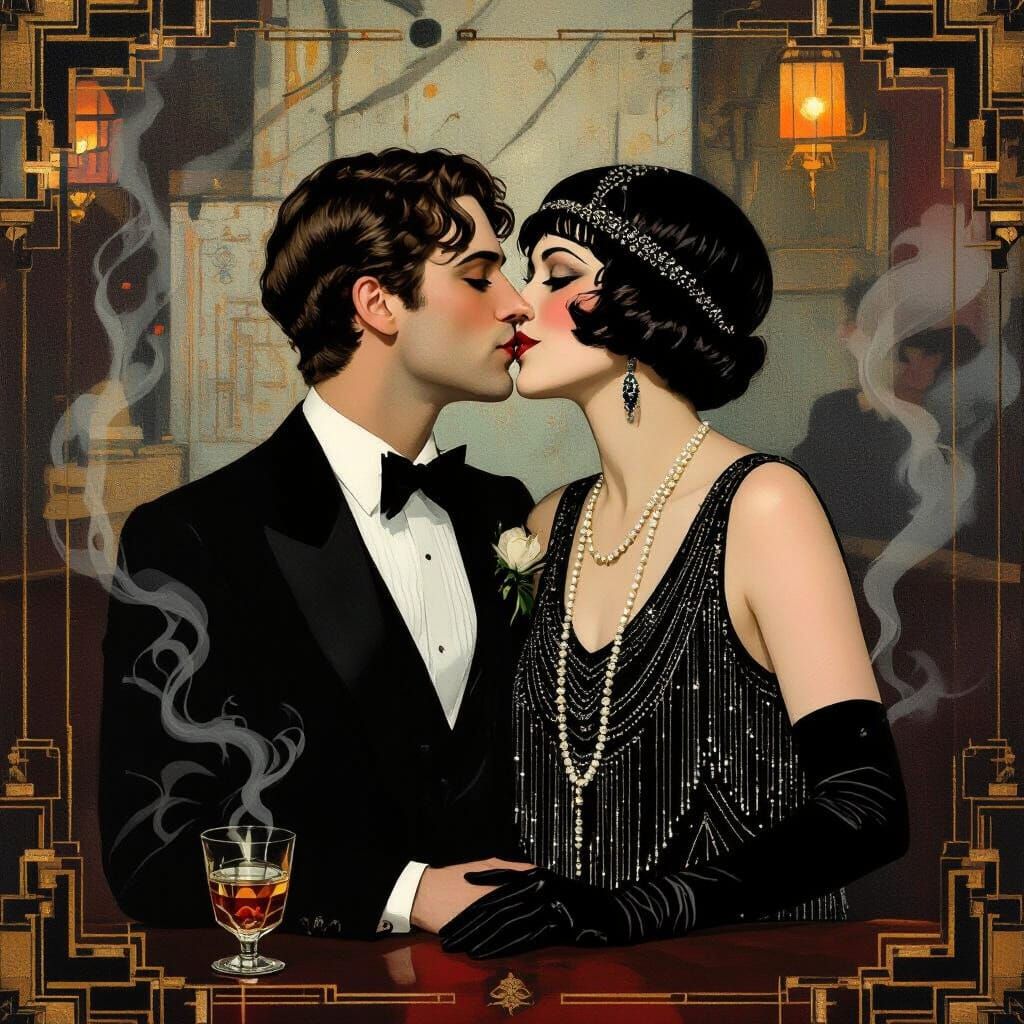 Flapper Kiss in Smoky Speakeasy, Art Deco Style