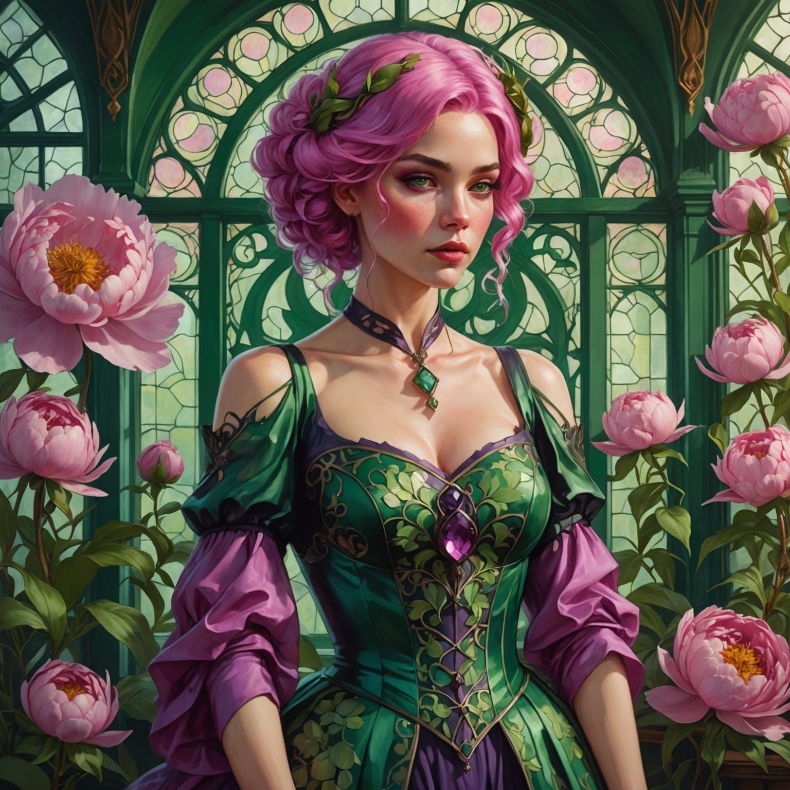 Pink-Haired Woman in Gothic Greenhouse, Alcohol Ink Style