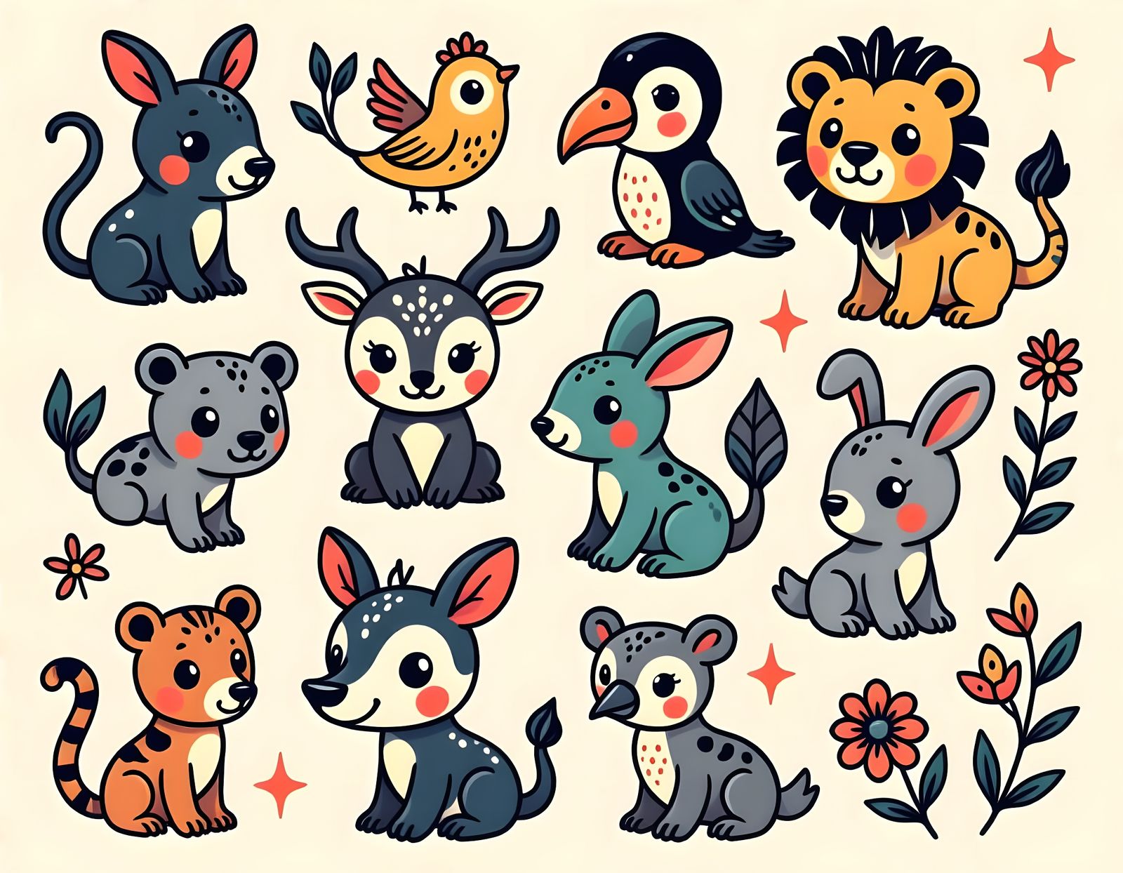 Stylized Zoo Animals Tattoo Flash Sheet