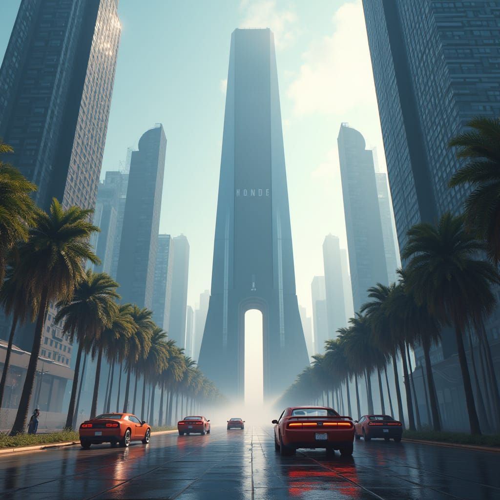 Monolith in Futuristic City with Flying Cars
