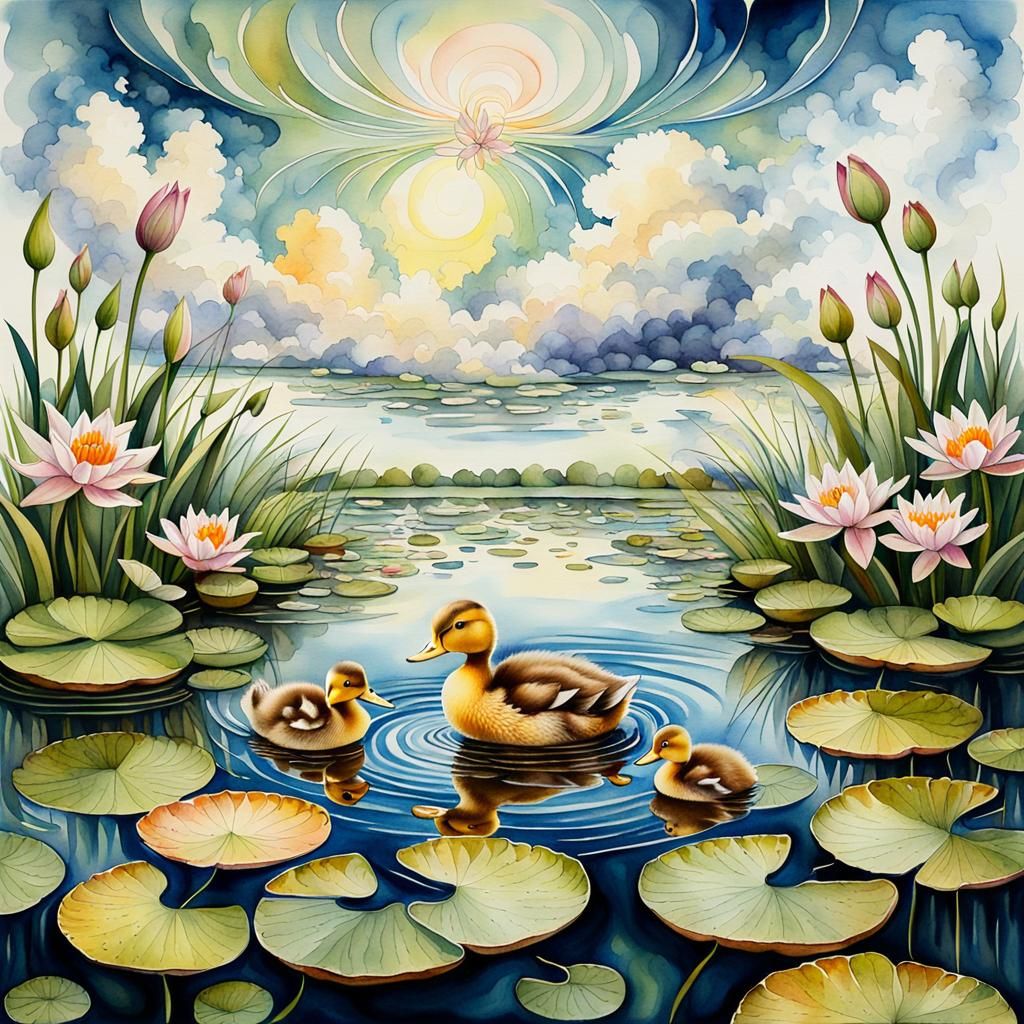 Whimsical Watercolour Landscape with Ducklings and Flowers