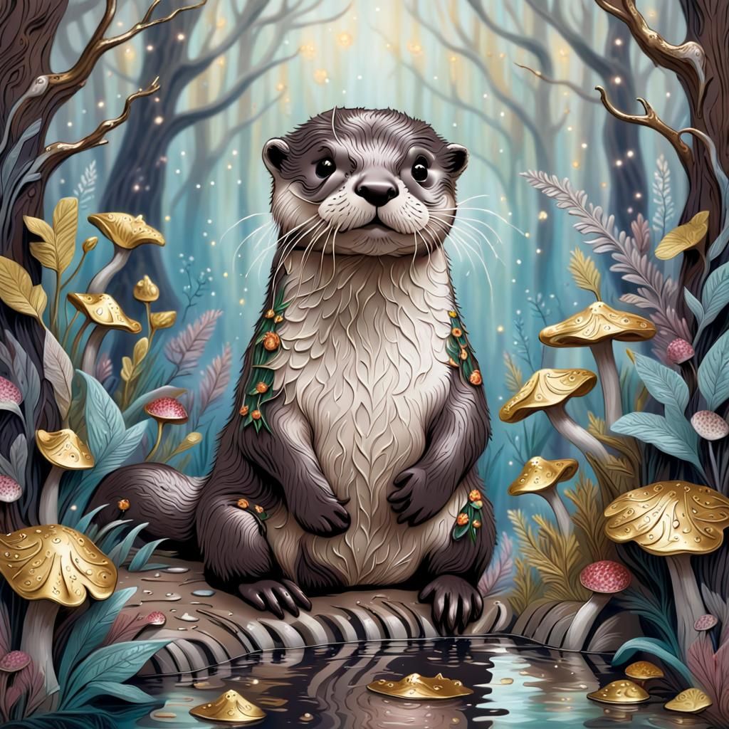 Golden Otter in Magical Forest, Impasto Style