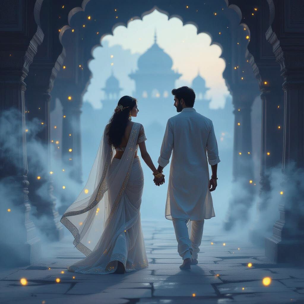 Ethereal Indian Couple in Ancient Palace, Dreamy Digital Art