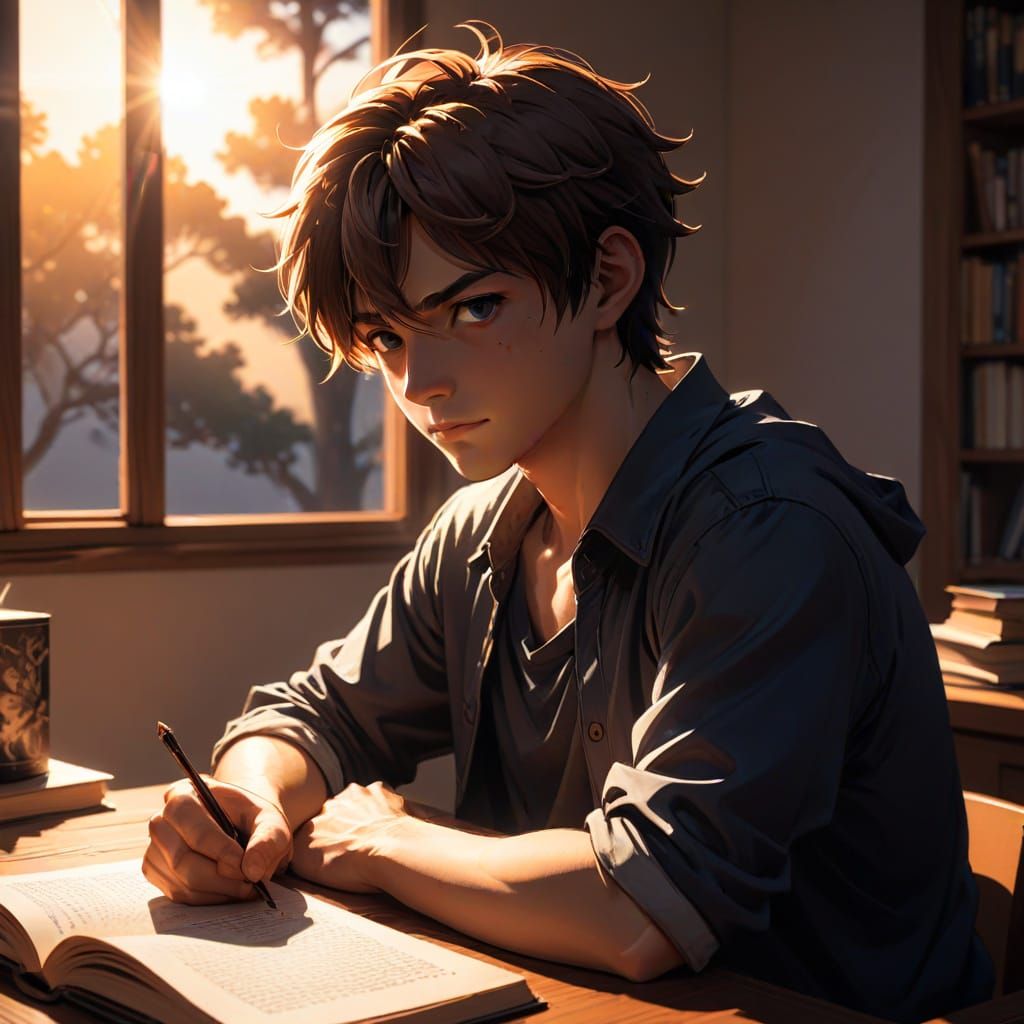 Anime Portrait with Sunlight and Book in Manga Style