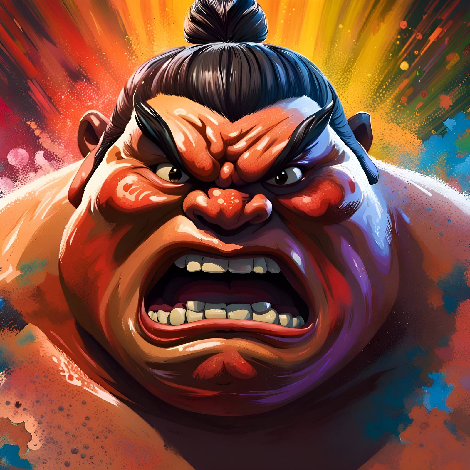 Angry Sumo Portrait in Hyperrealistic Splash Art Style